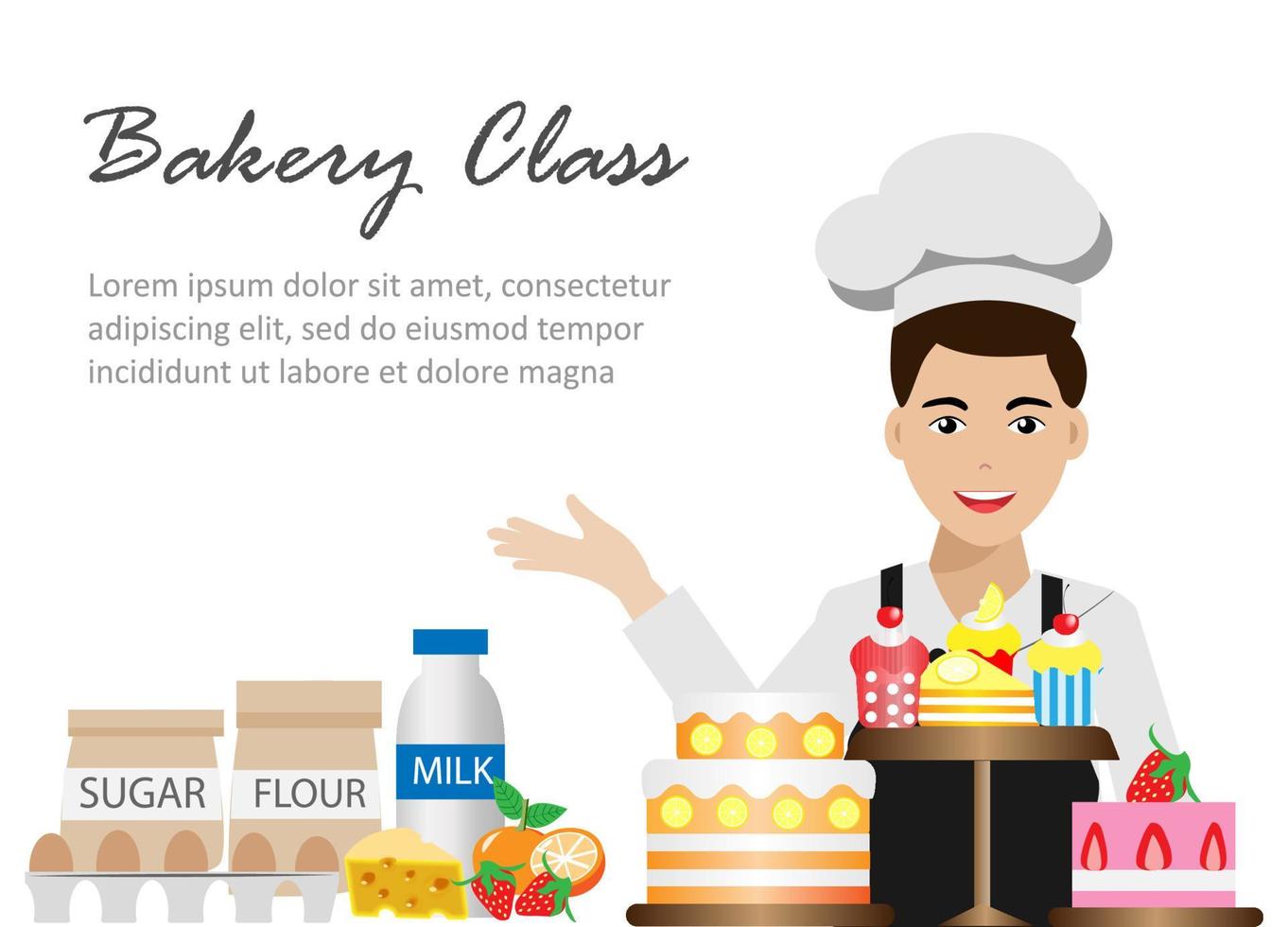 Chef man in bakery class, mixing flour to make cake. vector
