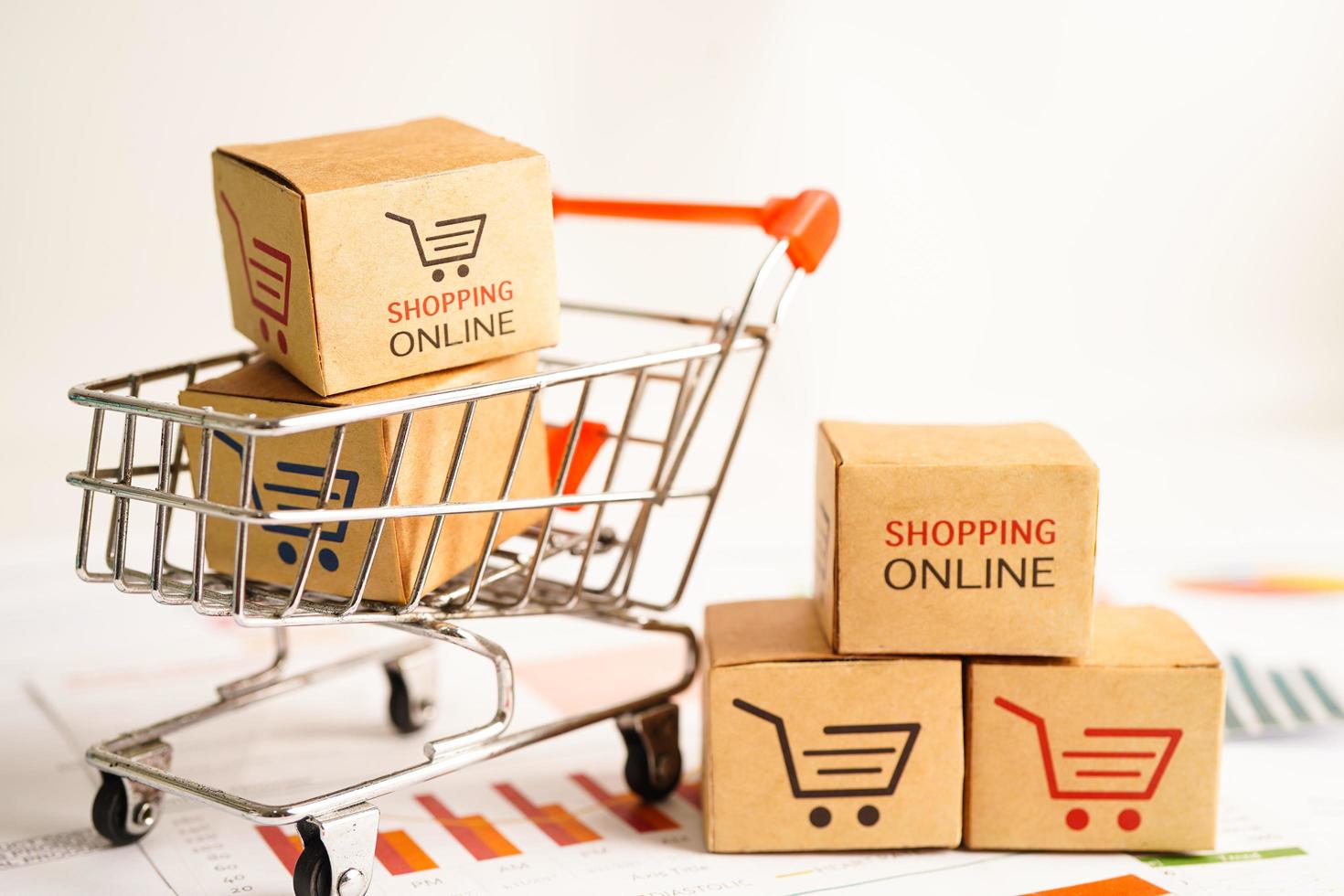 Online shopping, Shopping cart box on business graph, import export, finance commerce. photo