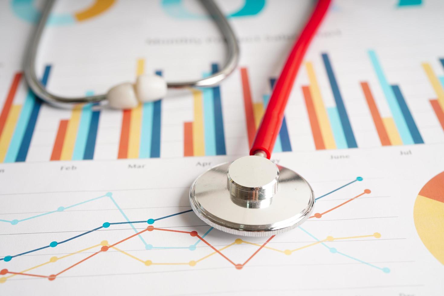 Stethoscope on charts and graphs spreadsheet paper, Finance, Account, Statistics, Investment, Analytic research data economy and Business company concept. photo