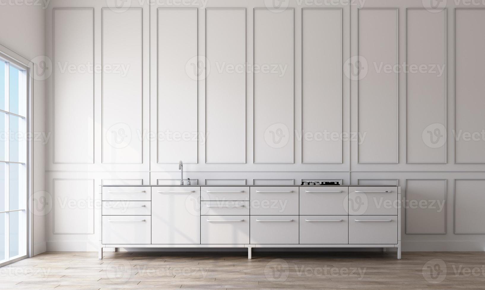 Modern classic white empty interior with wall panels and wooden floor. 3d rendering photo