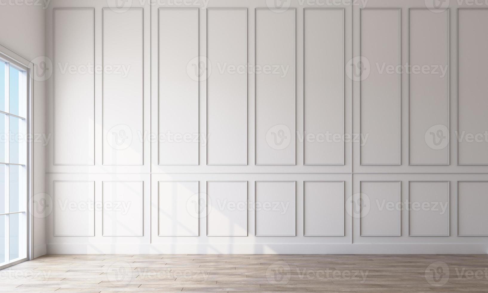 moderno interior clásico blanco vacío con paneles de pared y suelo de madera. representación 3d foto