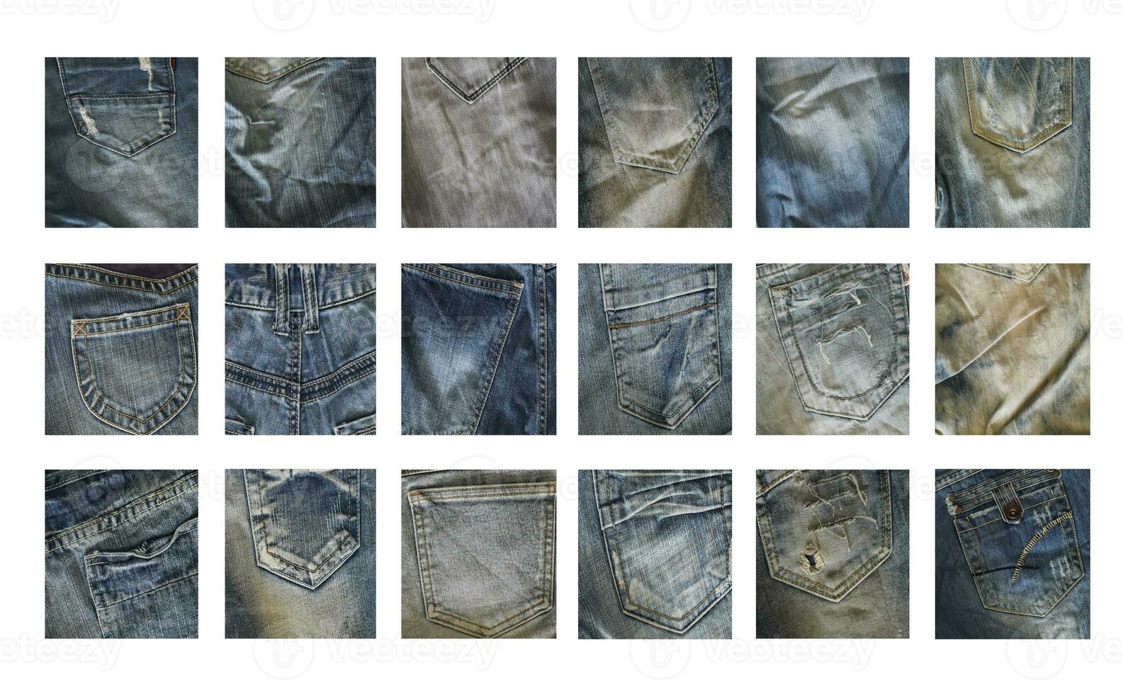 Different denim fabric samples isolated on white background.  Close-up collection of jeans textures. photo