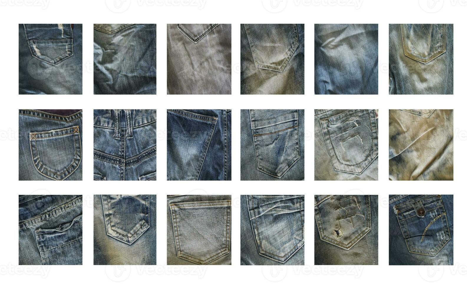 diferentes muestras de tejido denim aisladas sobre fondo blanco. colección de primer plano de texturas de jeans. foto