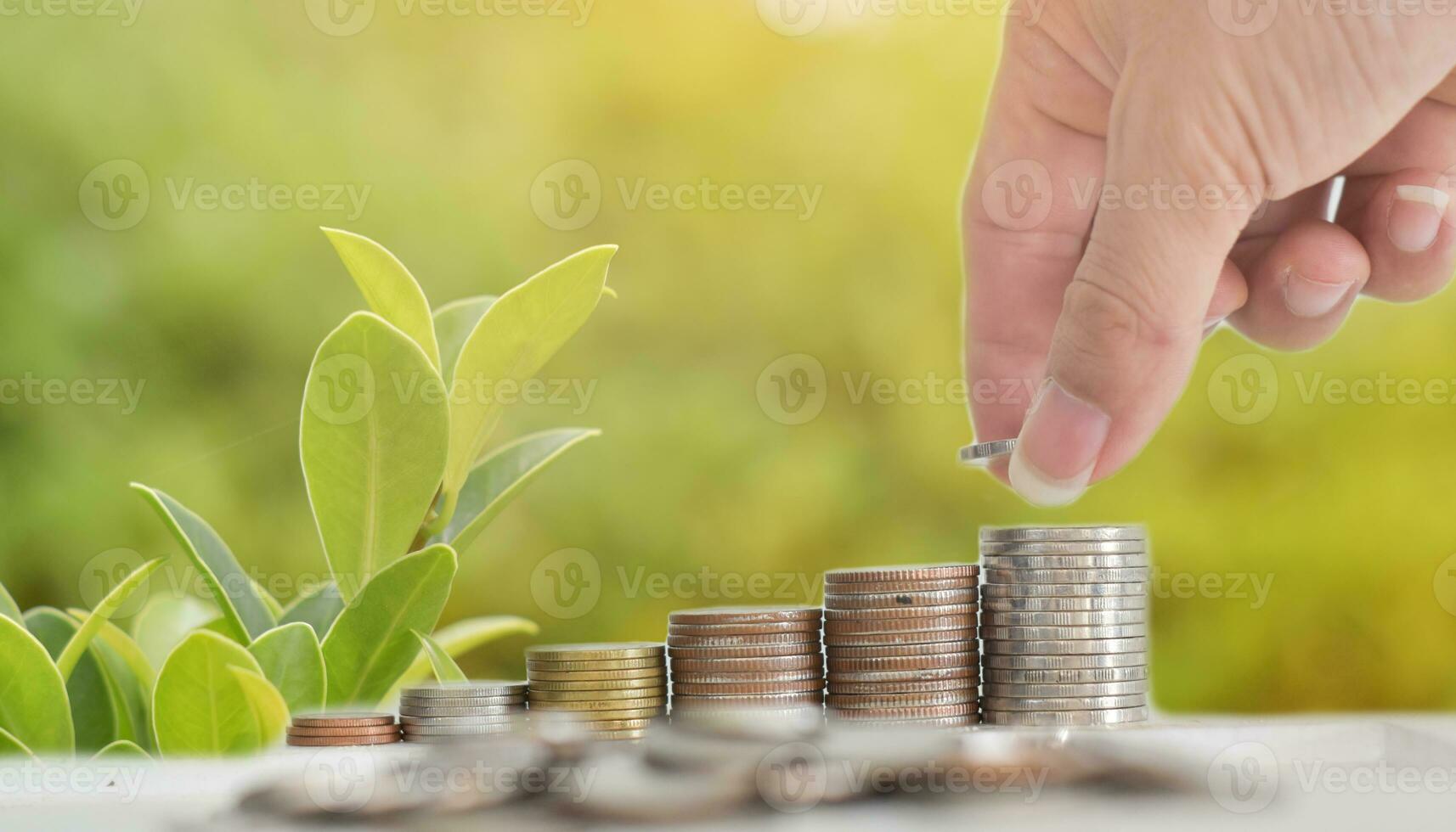 Businessman hand putting coins stack on table with blur nature bokeh background in park. Concept financial saving success growing investment. photo