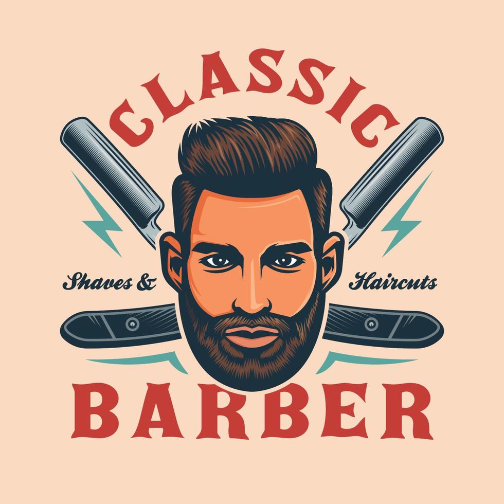 Barbershop emblem with man face and razor blades vector