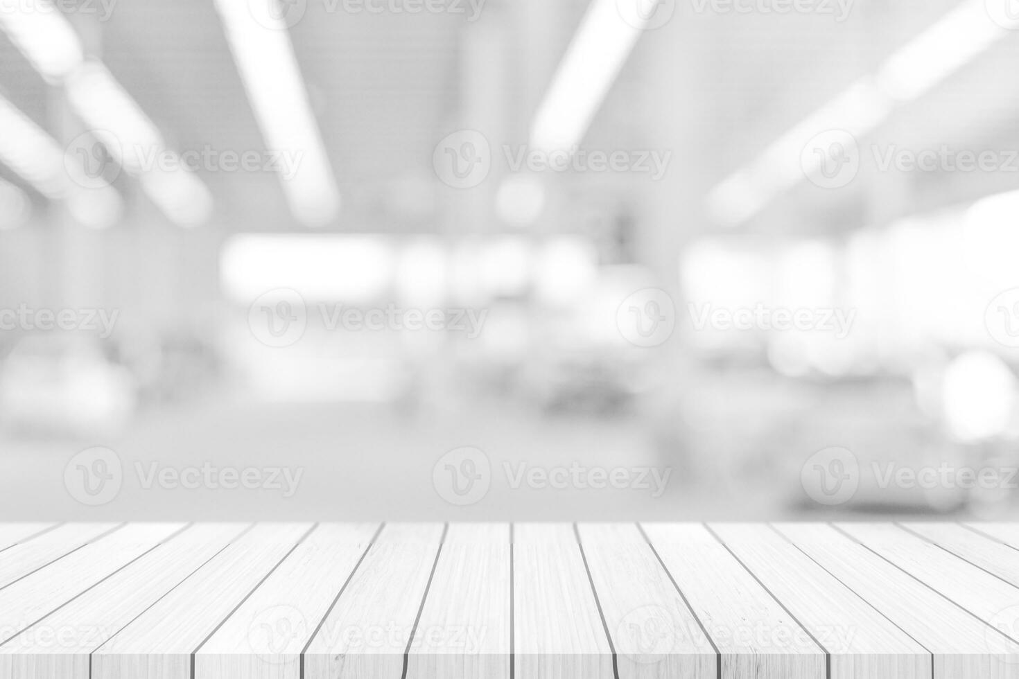 Empty white table top, counter over blur white bokeh light background. wooden shelf for product display, banner or mockup. photo