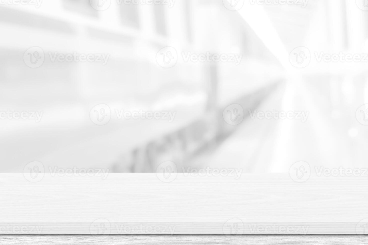 Empty white table top, counter over blur white bokeh light background. Empty wood shelf for product display, banner or mockup. photo
