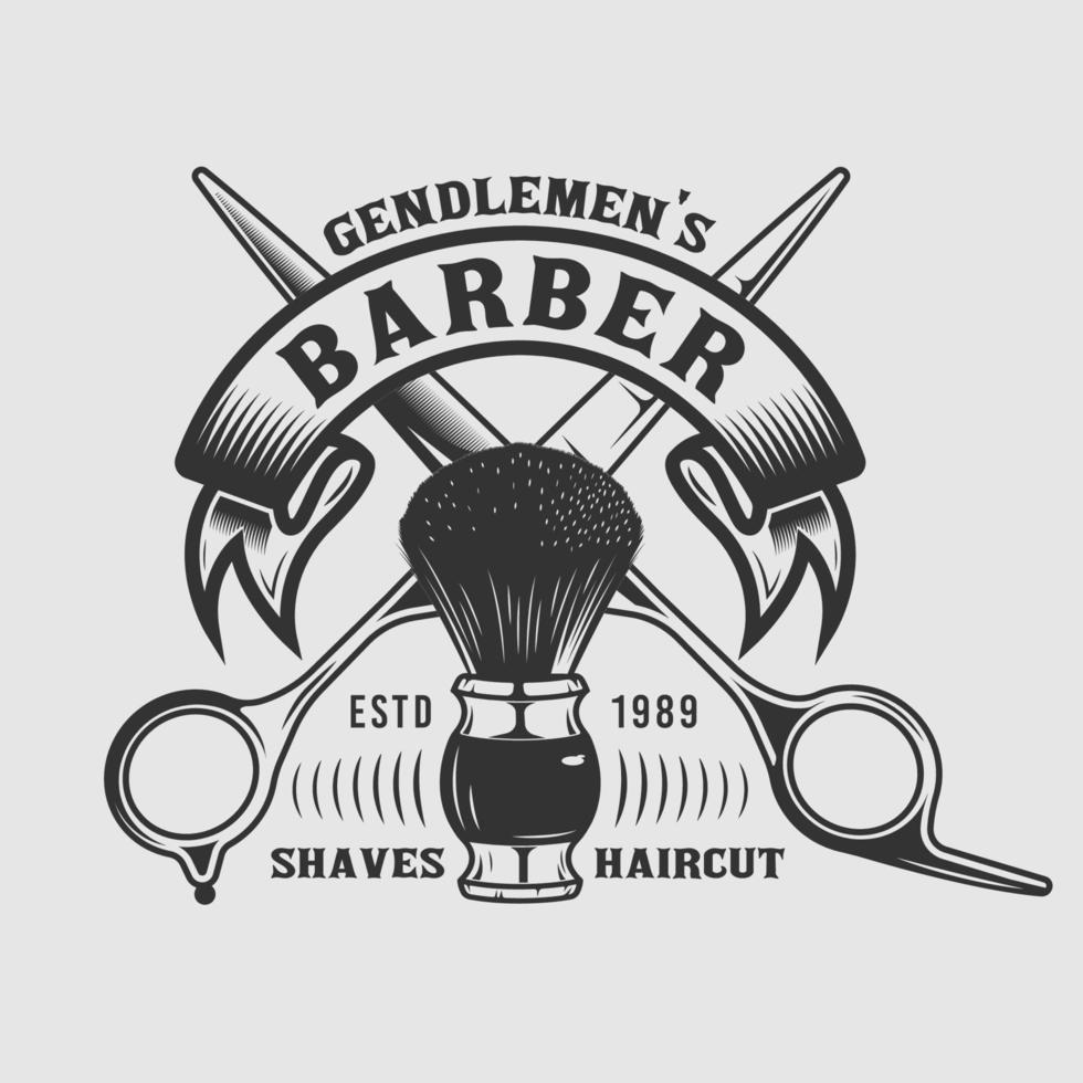 emblema de tijera y cepillo de barbería vector