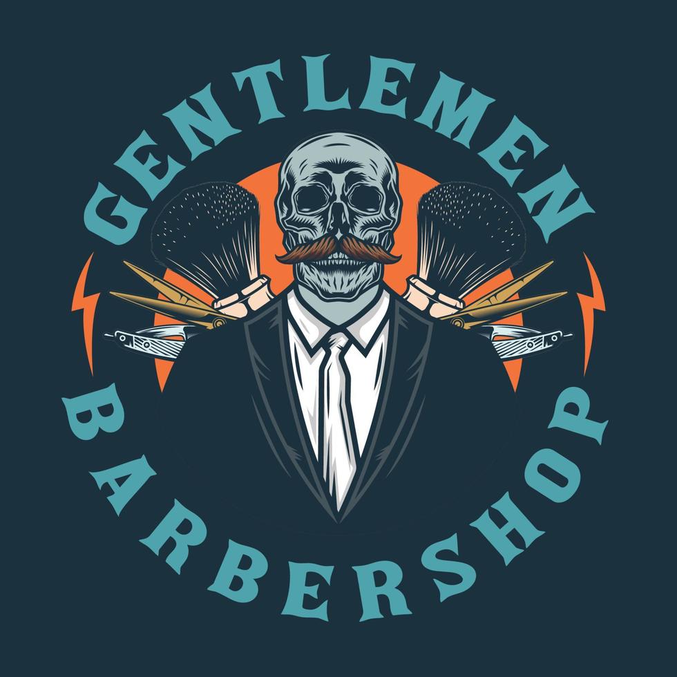 emblema de barbería caballeros cráneo con herramientas de salón vector