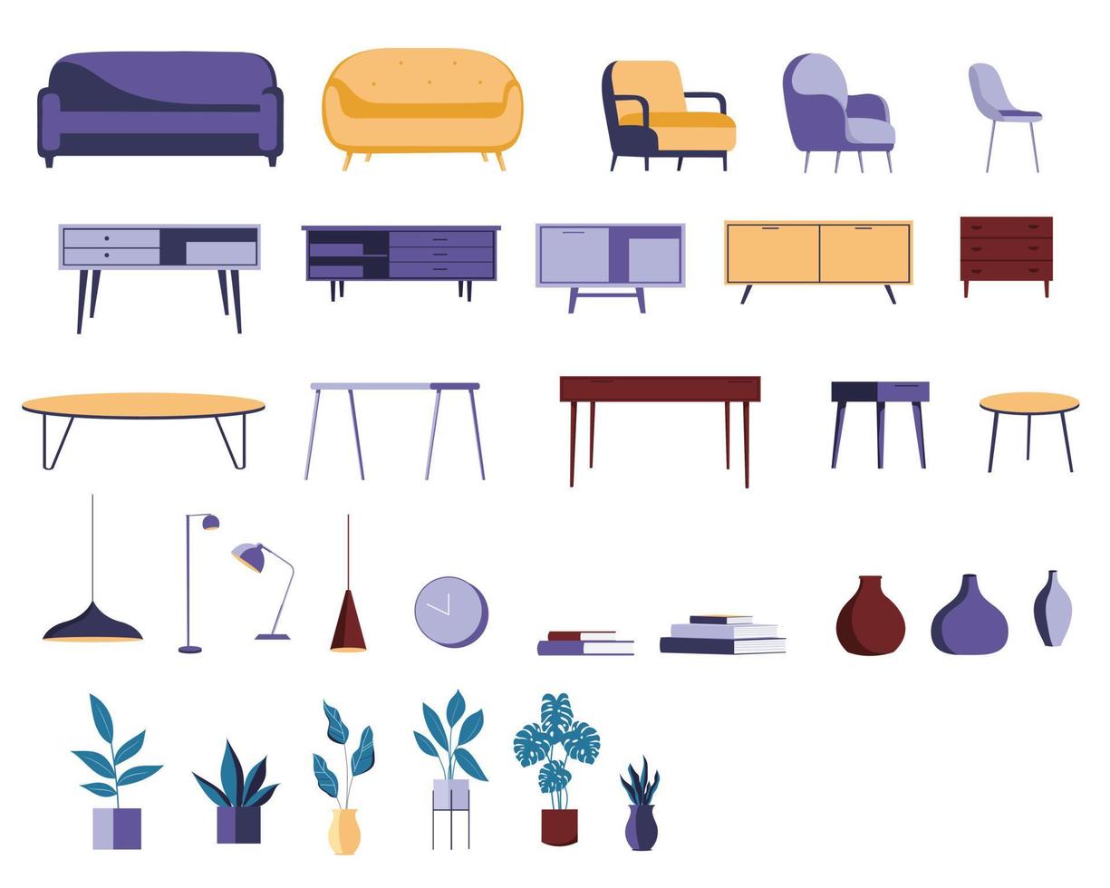 conjunto vectorial de muebles de estilo plano aislado en fondo blanco. vector