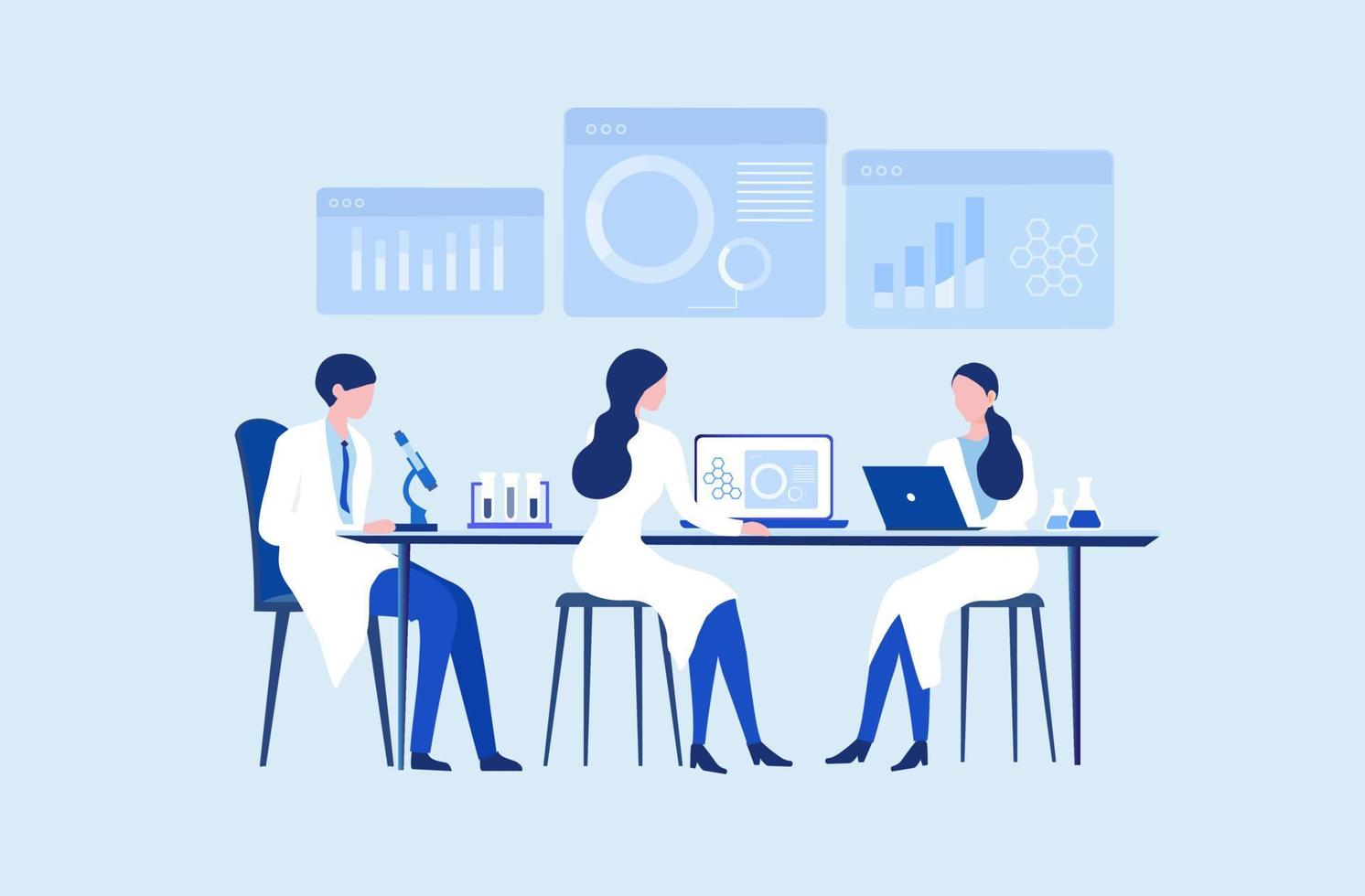 Professional scientists, doctors and chemical researchers working and analysis in laboratory experiment vector  Illustration. Medical laboratory, research experiment biology molecular concept.