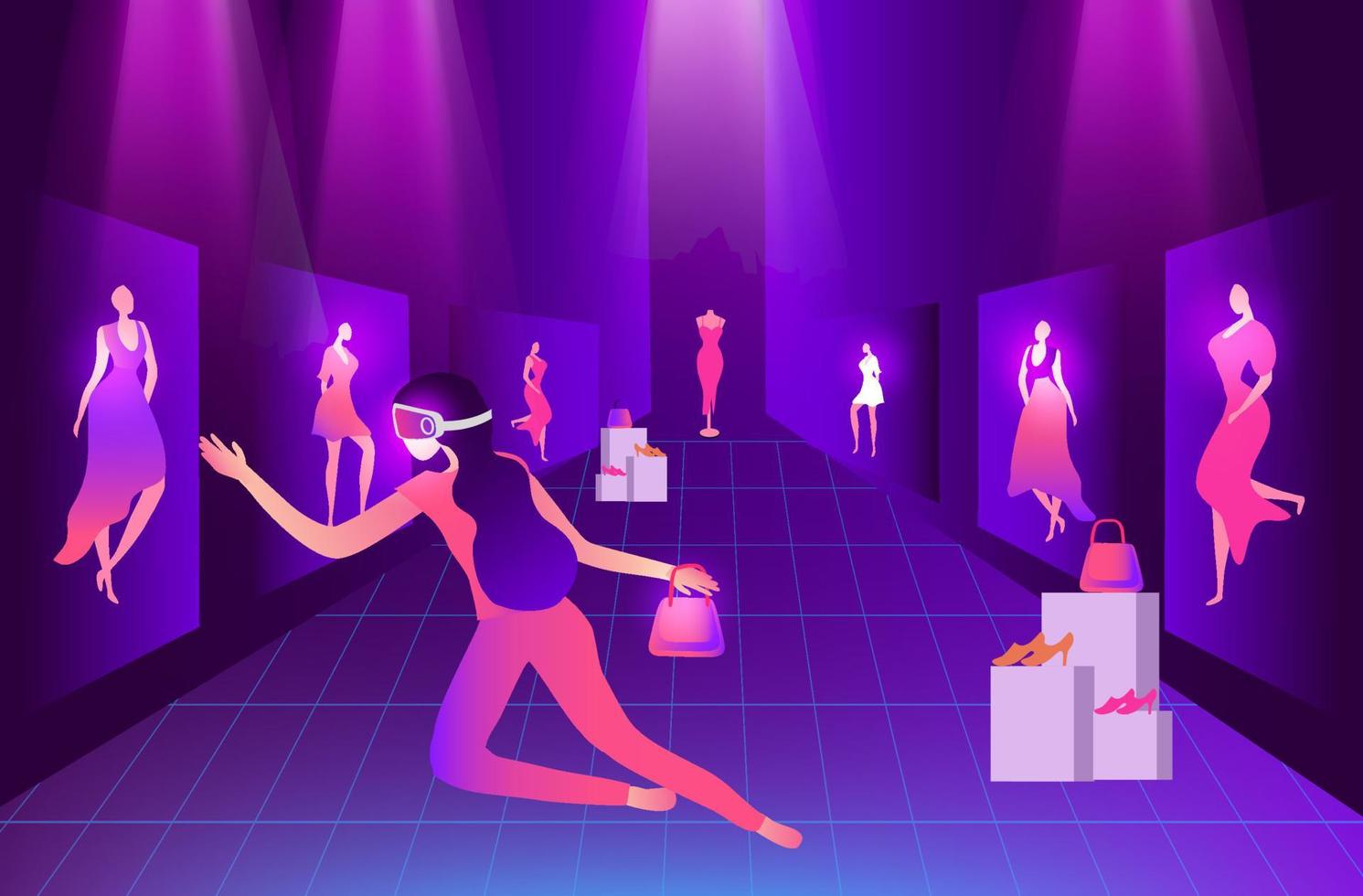 Metaverse Virtual Reality shopping. woman wearing VR goggle having 3d experience in shopping in the metaverse vector illustration