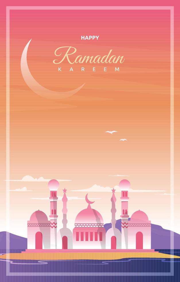 Ramadan Kareem Greeting Card Mosque Night Sky Vector Design Template