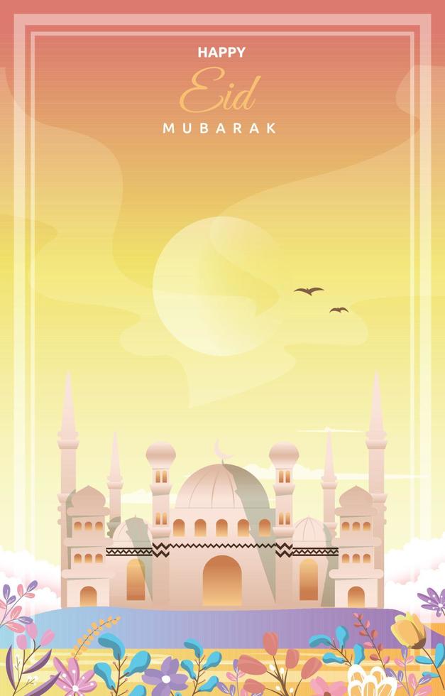 plantilla de diseño de vector de cielo nocturno de mezquita de tarjeta de felicitación de eid mubarak