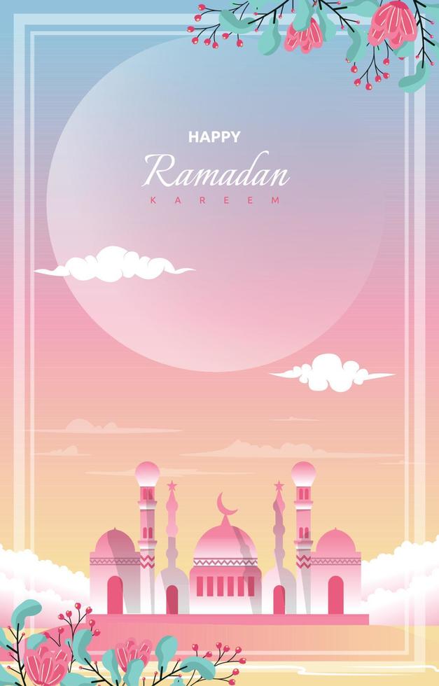 Ramadan Kareem Greeting Card Mosque Night Sky Vector Design Template