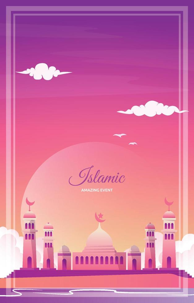 Beautiful Islamic Event Greeting Card Mosque Sky Vector Design Template