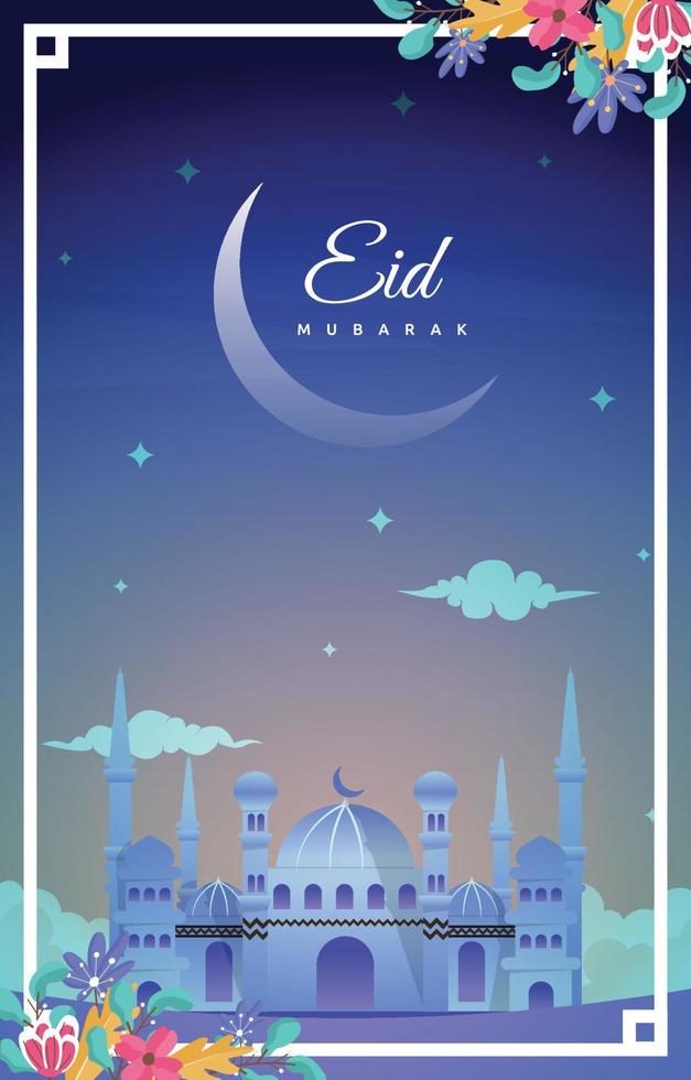 Eid Mubarak Greeting Card Mosque Night Sky Vector Design Template