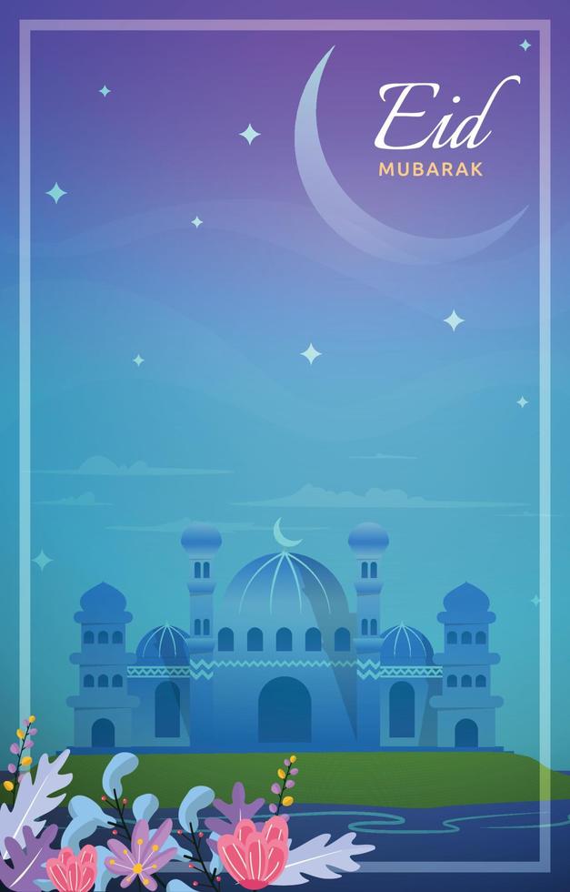 Eid Mubarak Greeting Card Mosque Night Sky Vector Design Template