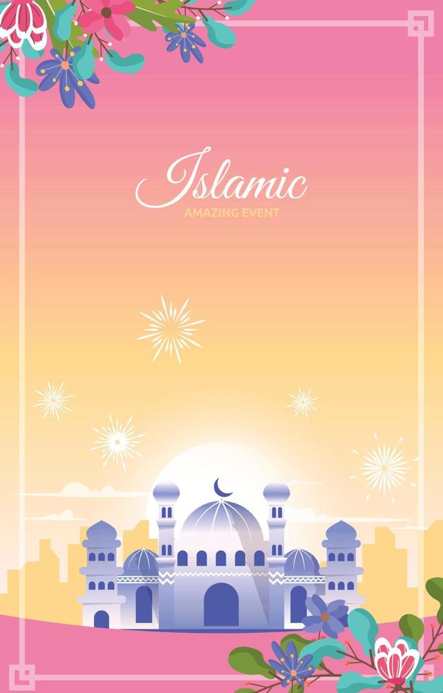 Beautiful Islamic Event Greeting Card Mosque Sky Vector Design Template