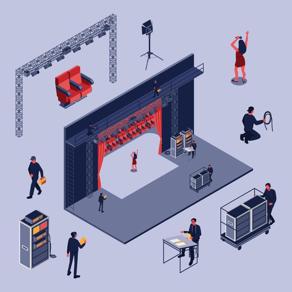 diseño plano de ilustración de vector de equipo de backstage de teatro isométrico