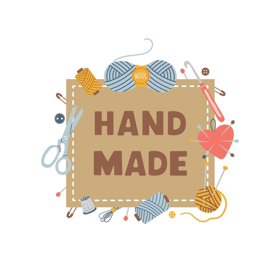 Trendy square kraft paper label or sticker with tools for hand made products isolated on white background. Vector organic simple illustration