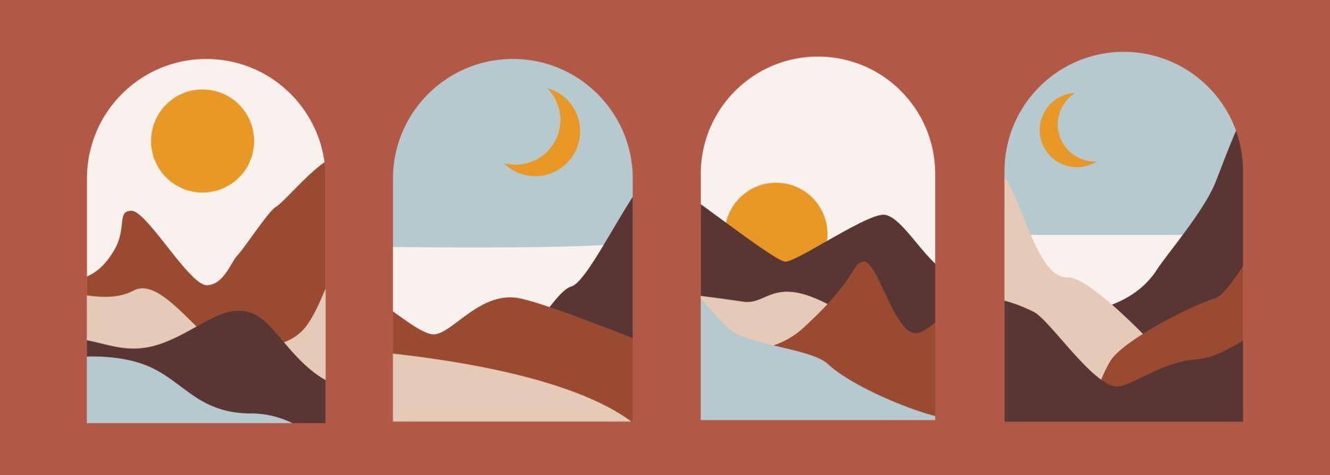 Abstract aesthetic set landscape posters in boho style. Modern minimal colorful design background for social media, cover, wall decor, web design, interior. Vector illustration