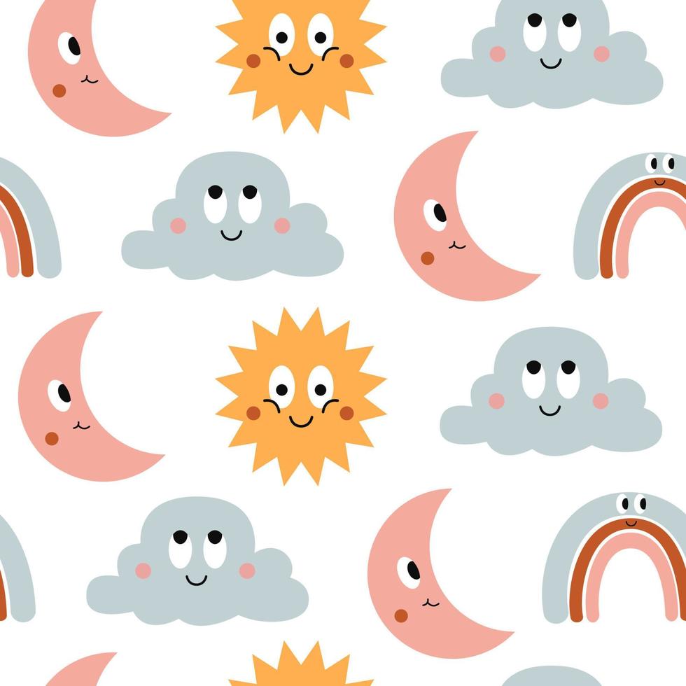 Colorful seamless pattern of funny cartoon icons sun, cloud, moon and rainbow isolated on white background. Cute vector characters illustration