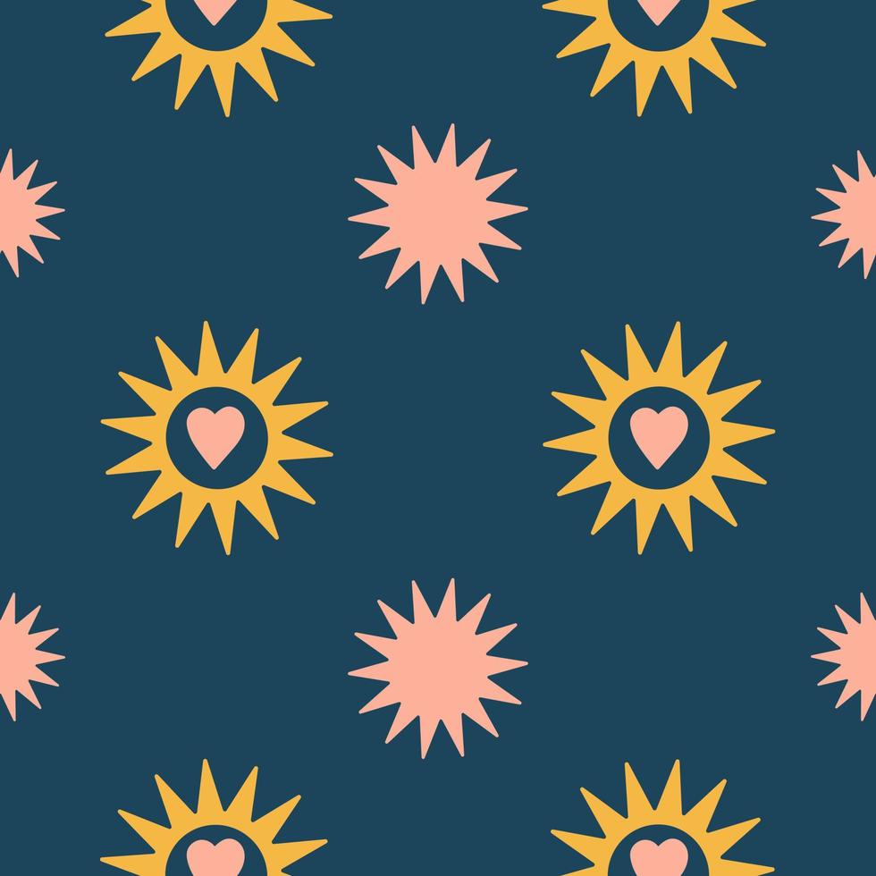 patrón abstracto minimalista sin fisuras con estrellas geométricas y corazones sobre fondo azul oscuro. patrón bohemio para papel tapiz, textil, tela, diseño de interiores. ilustración vectorial moderna vector