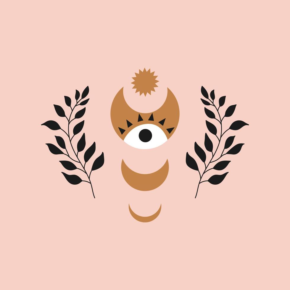 Abstract contemporary floral print with plants, moon and eye in boho style. Modern minimalist wall art decor. Vector illustration