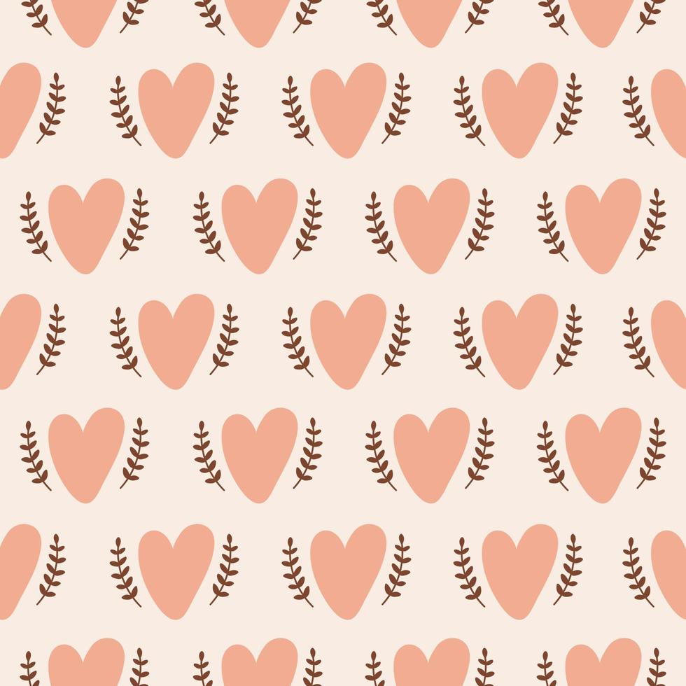 Cute seamless pattern with hearts and branches in boho style. Bohemian romantic pattern for Valentine day, love theme, fabric design. Trendy vector illustration. Pastel colors