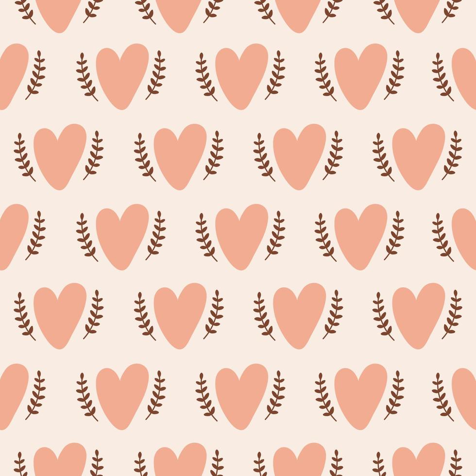 lindo patrón sin costuras con corazones y ramas en estilo boho. patrón romántico bohemio para el día de san valentín, tema de amor, diseño de tela. ilustración vectorial de moda. colores pastel vector