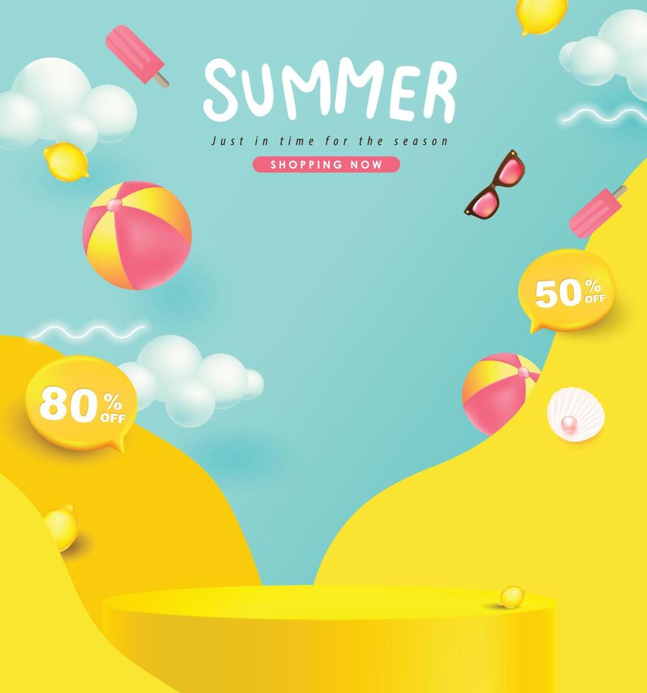 Banner de venta de verano con forma cilíndrica de exhibición de productos. vector