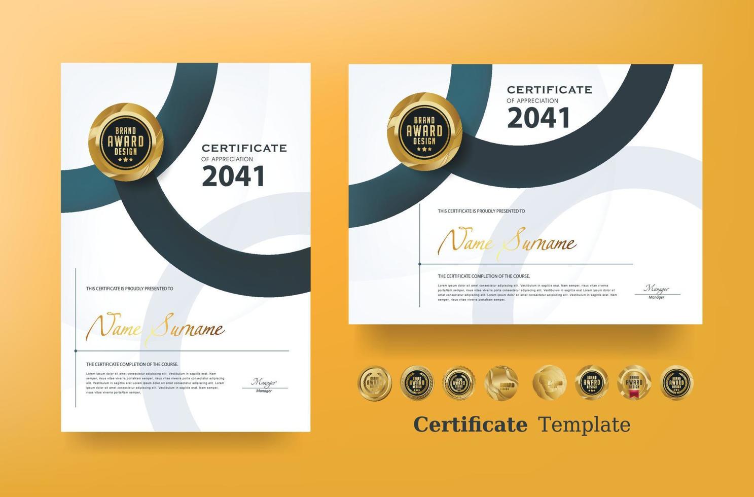 certificado de plantilla de reconocimiento y vector de insignias premium de lujo dorado