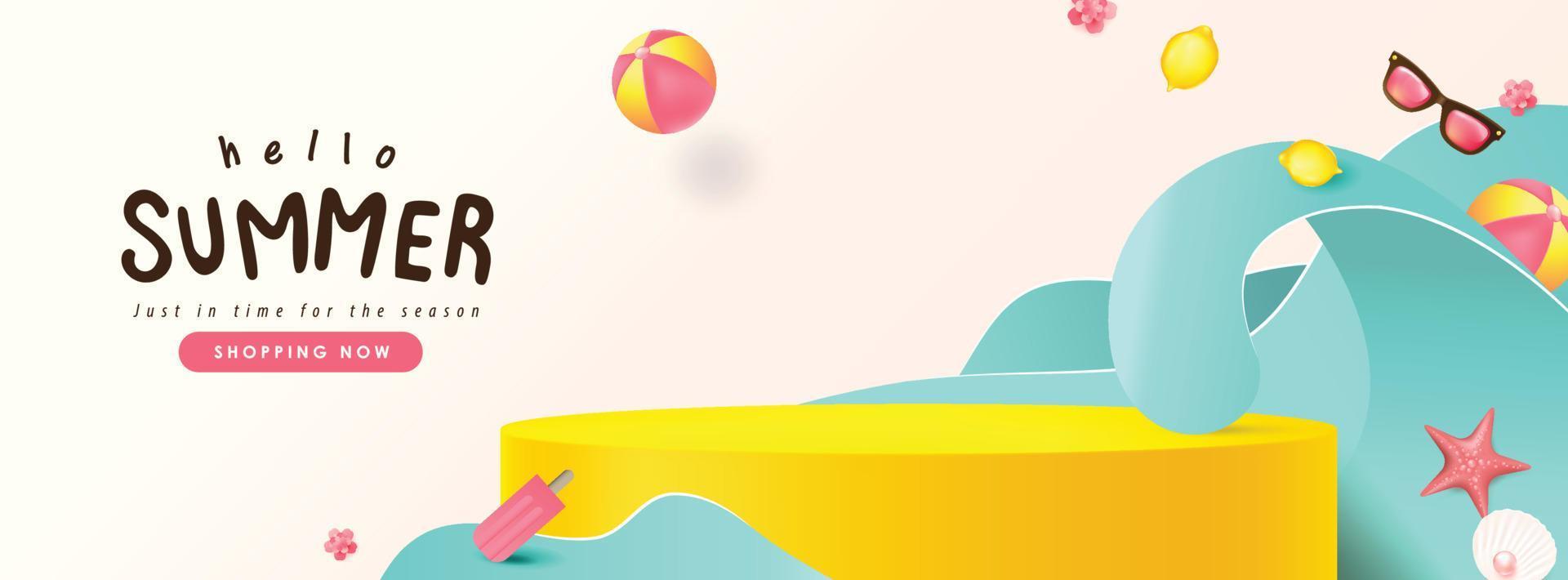 Summer sale banner with beach vibes decorate and product display cylindrical shape vector