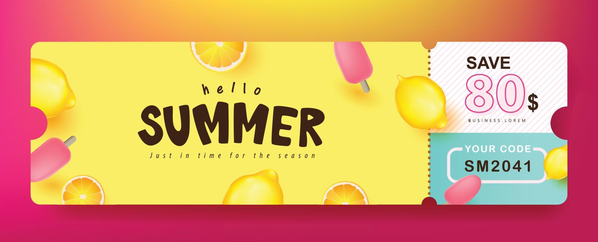 Summer Gift promotion Coupon banner with lemon and pink ice cream vector