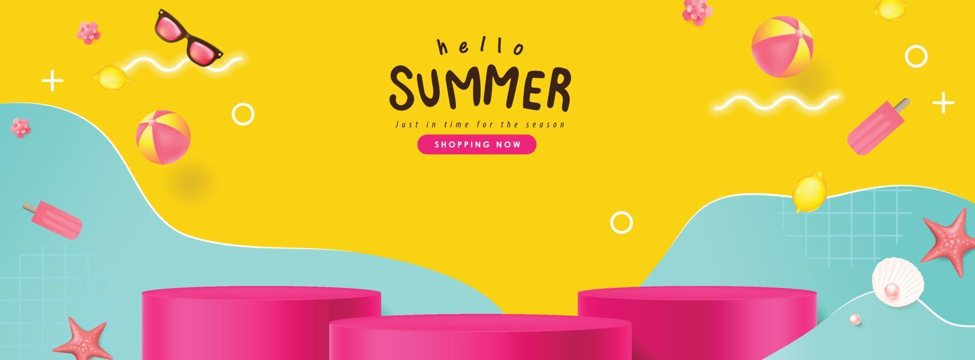 banner de venta de verano con vibraciones de playa decoradas y exhibición de productos de forma cilíndrica vector