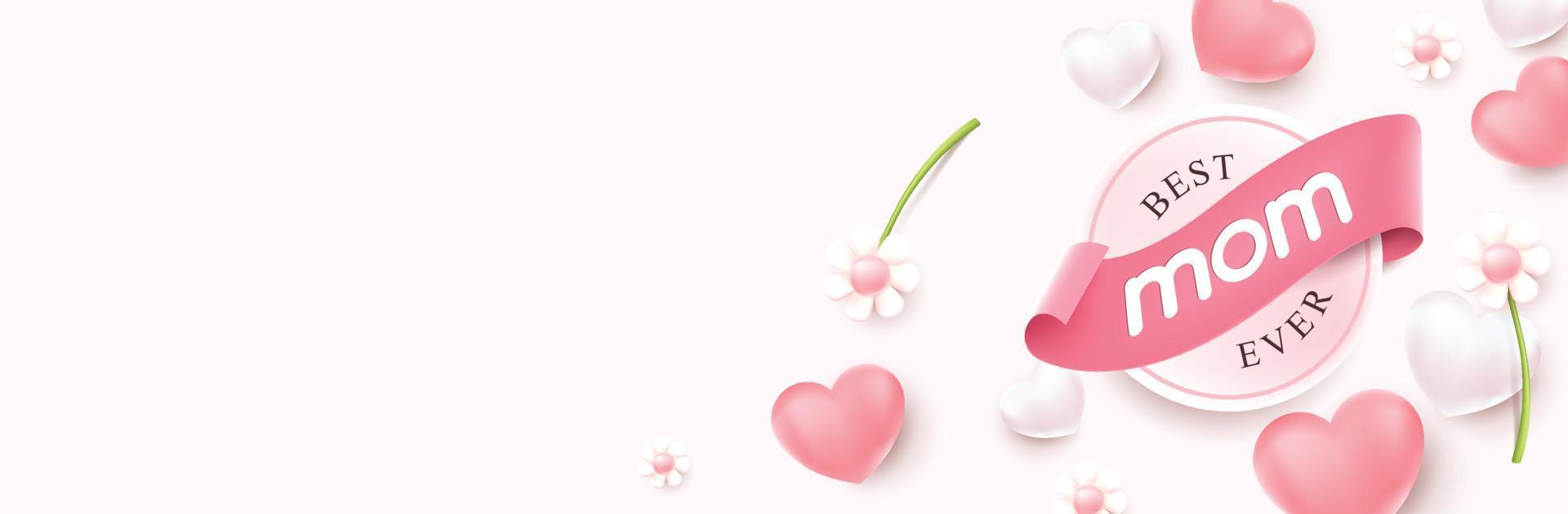 diseño de fondo de banner de feliz día de la madre globos en forma de corazón y flor con espacio de copia vector