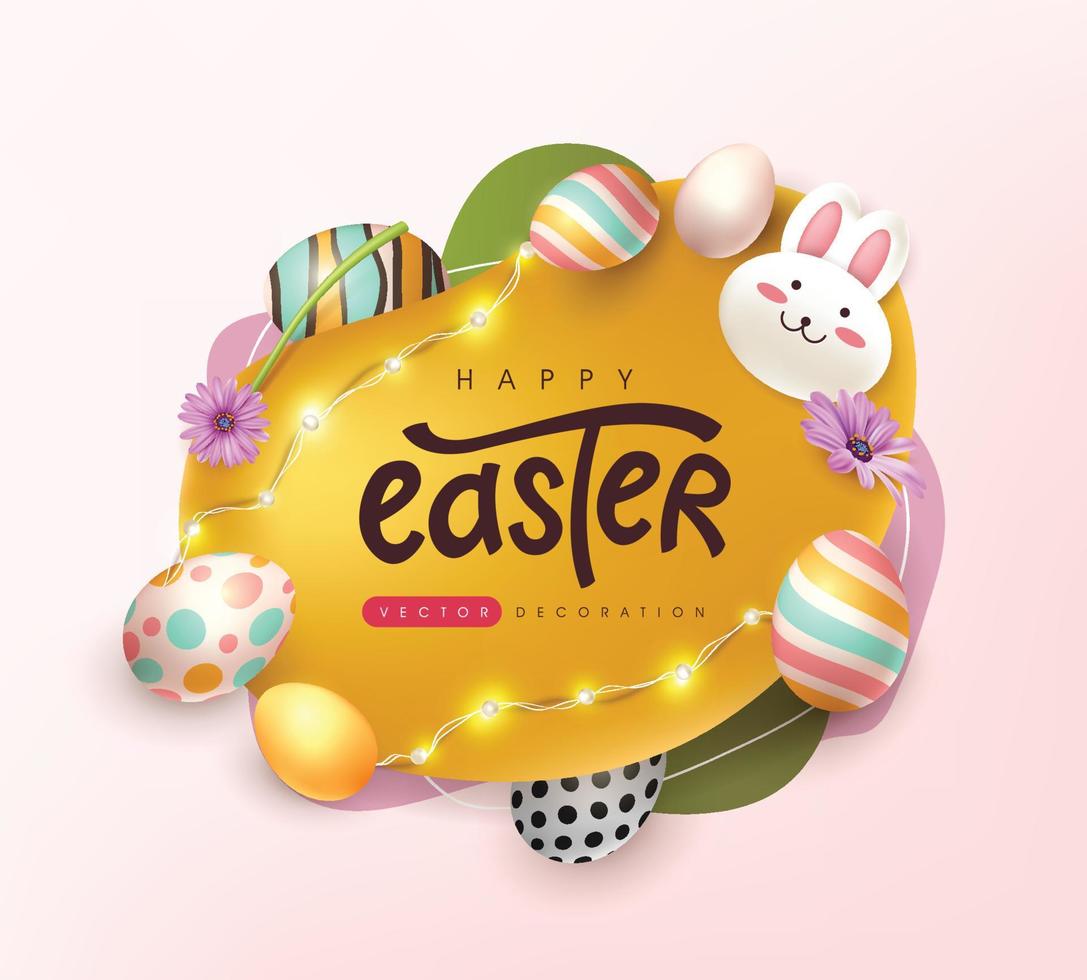 Easter greeting card background with cute rabbit and Easter eggs vector