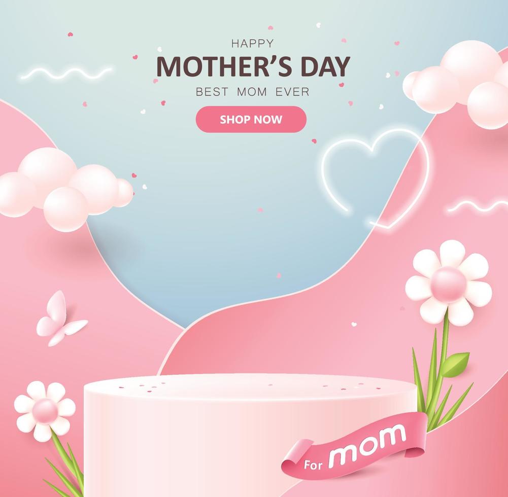 diseño de fondo de banner de cartel del día de la madre con forma cilíndrica de exhibición de producto vector