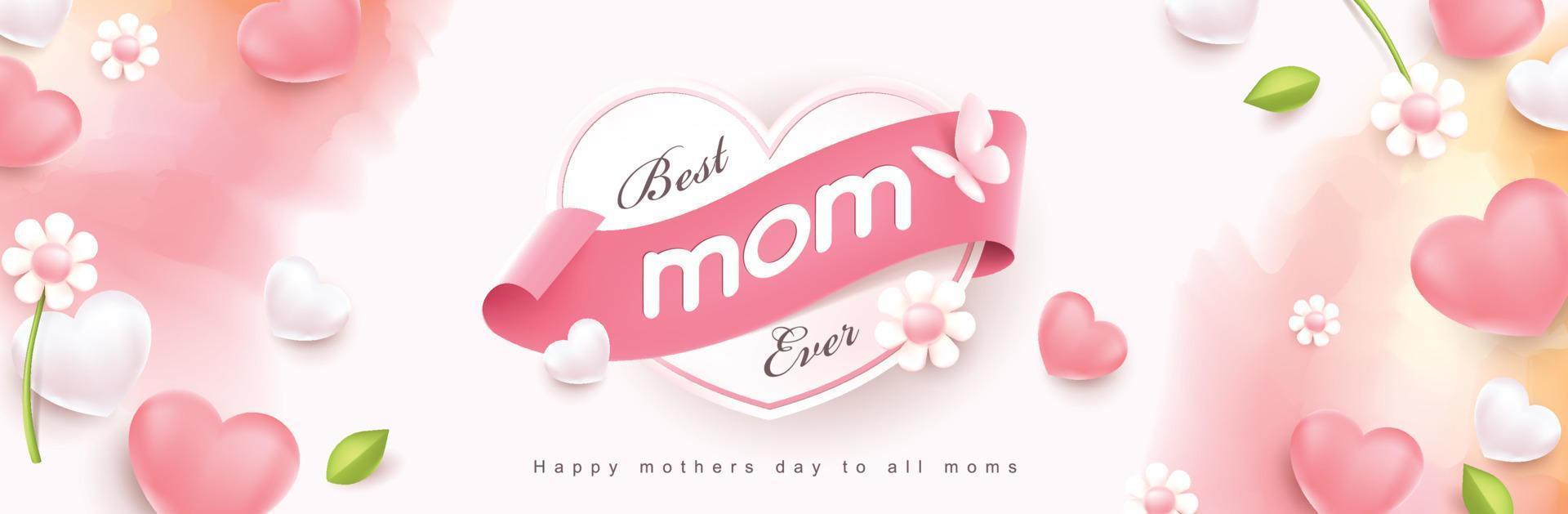 día de la madre banner acuarela pastel diseño de fondo corazón con globos en forma y flor vector