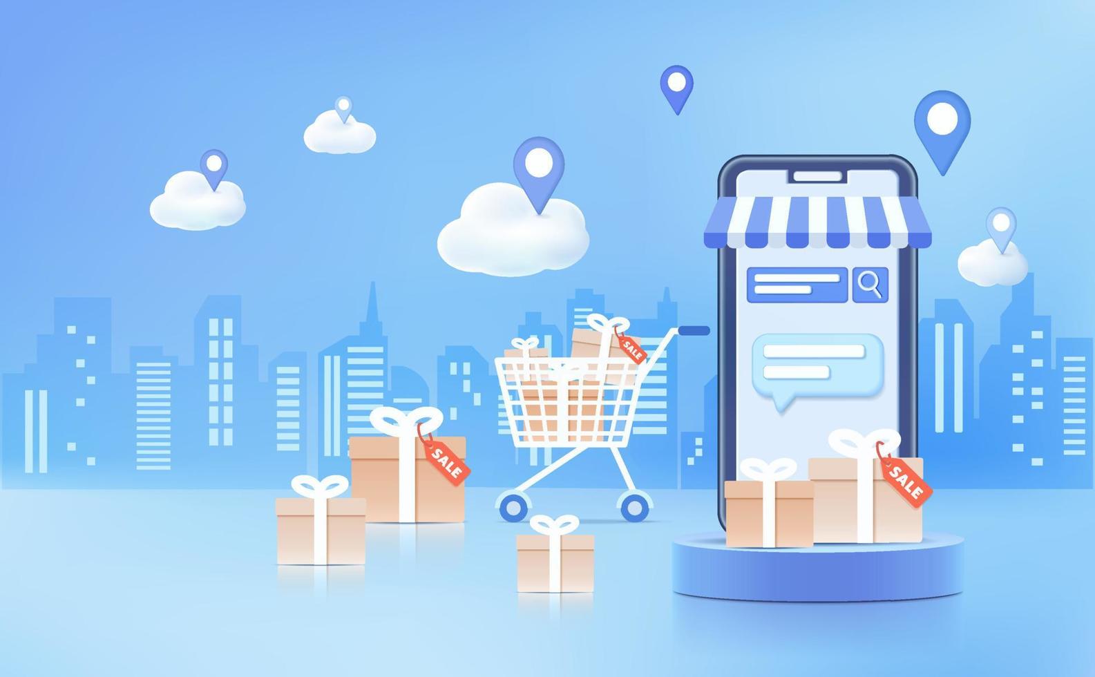 Background for website or mobile app. Online shopping with 3d smartphone on blue background vector