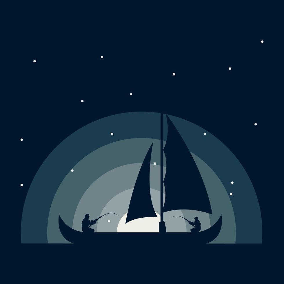 azul luna noche panorama paisaje horizonte icono logotipo vector ilustración diseño