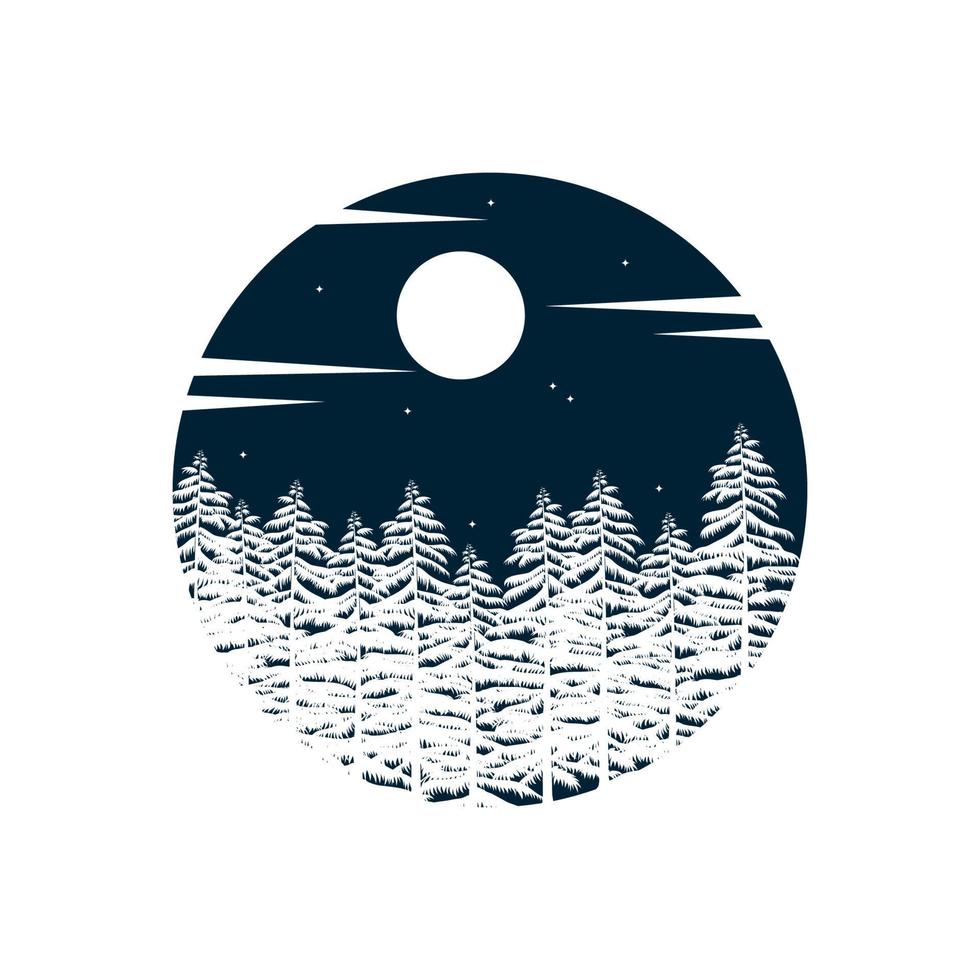 pine forest with moon at night logo vector icon illustration design template