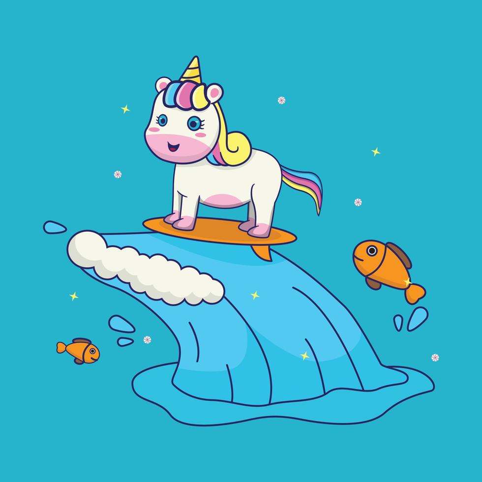 cute unicorn surfing with fish, suitable for children's books, birthday cards, valentine's day, stickers, book covers, greeting cards, printing. vector