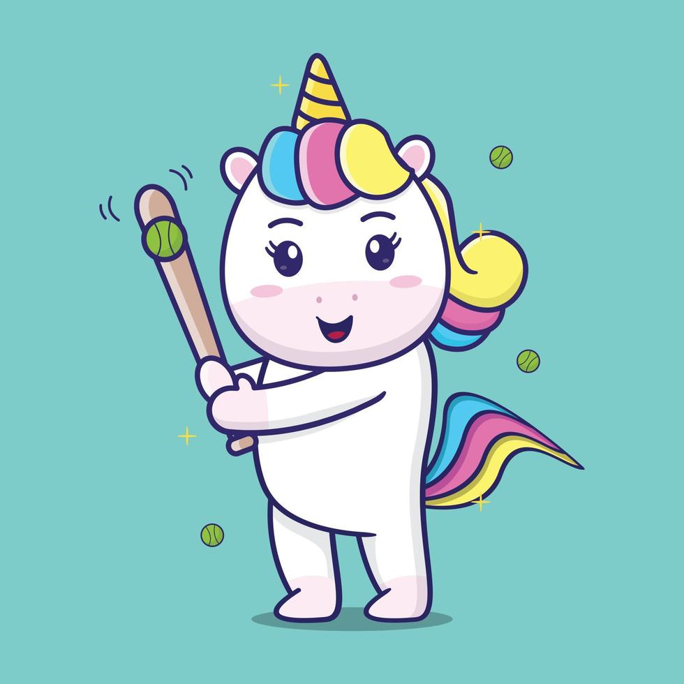 cute unicorn playing baseball, suitable for children's books, birthday cards, valentine's day, stickers, book covers, greeting cards, printing. vector