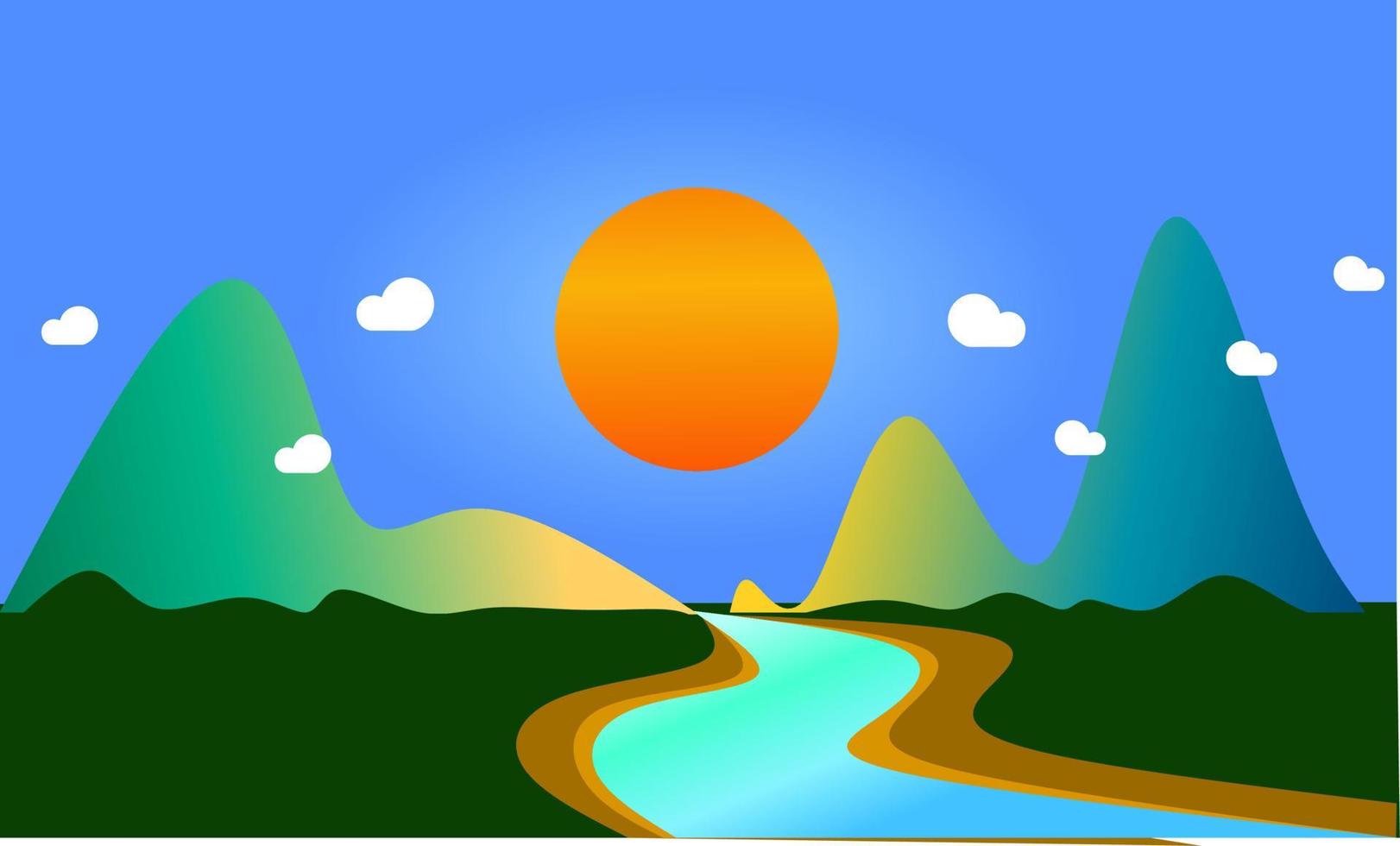 ilustración vectorial, vista al río, dos crestas y sol con algunas nubes vector