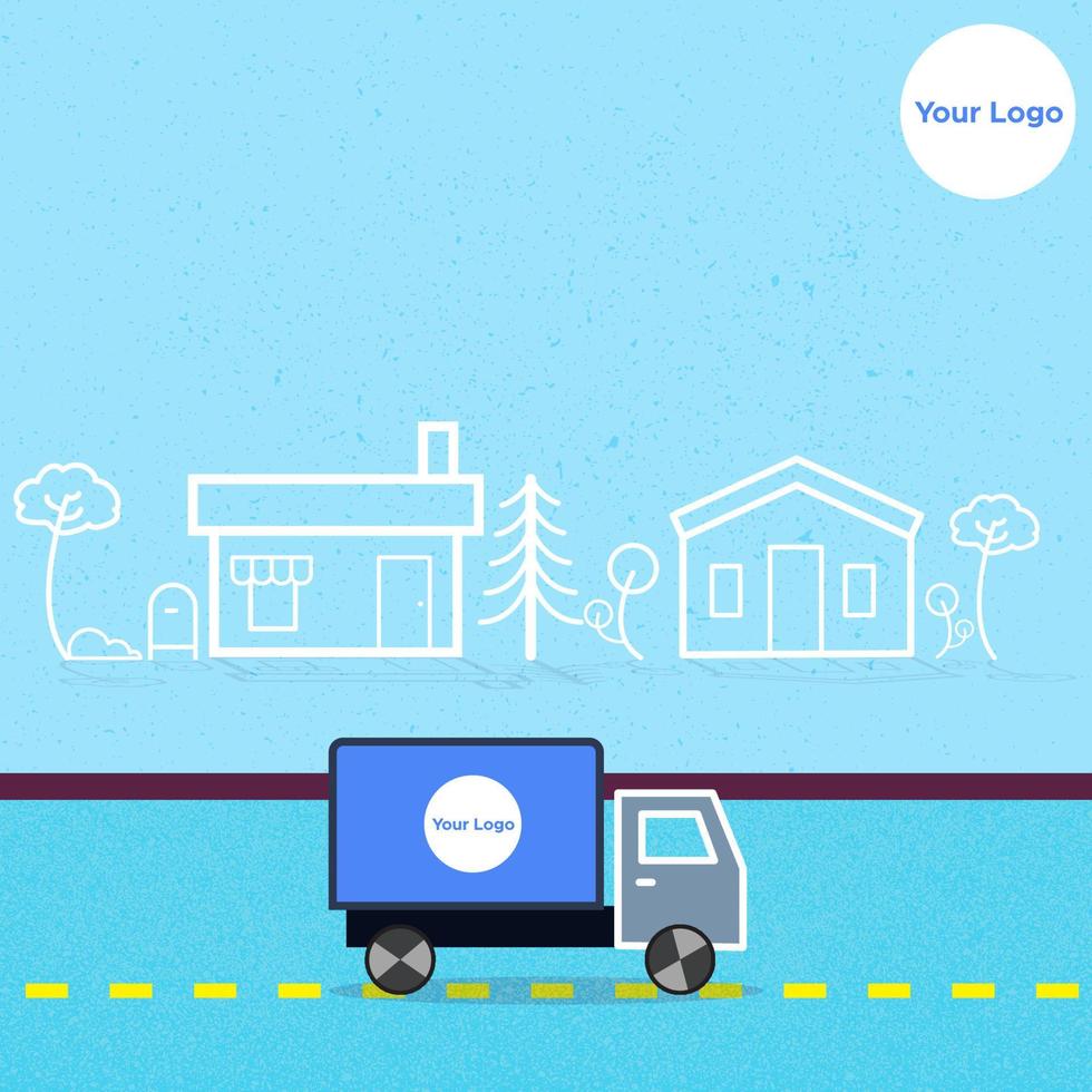 Product truck is running for deliver in the small city minimal line art illustration for product advertising vector