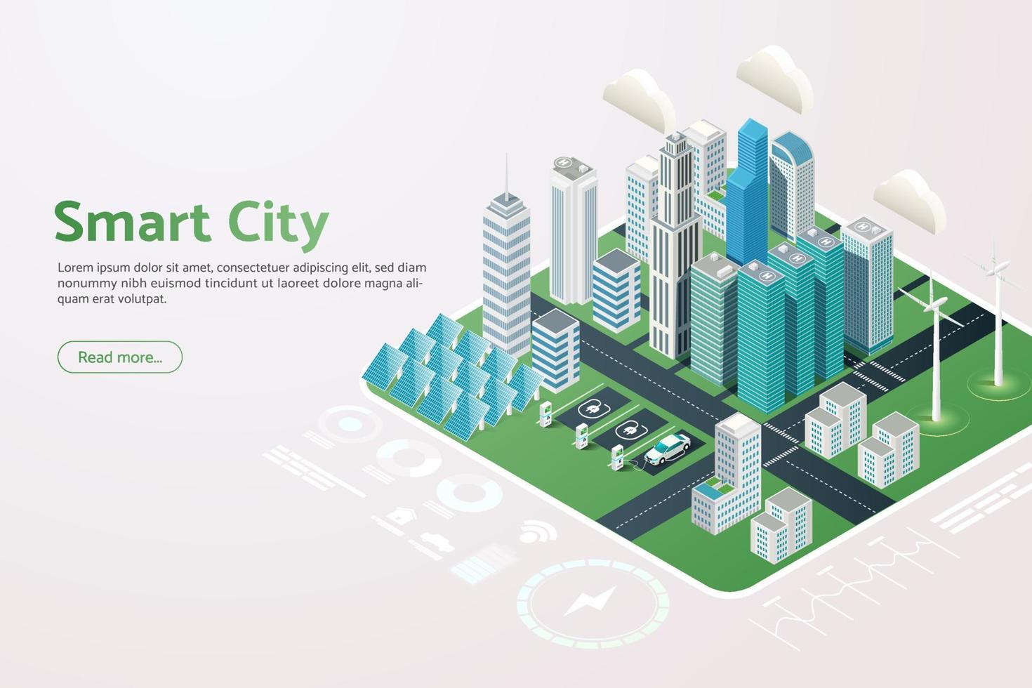 edificios de gran altura de ciudades inteligentes, estaciones de carga de vehículos eléctricos, turbinas eólicas y paneles solares. vector