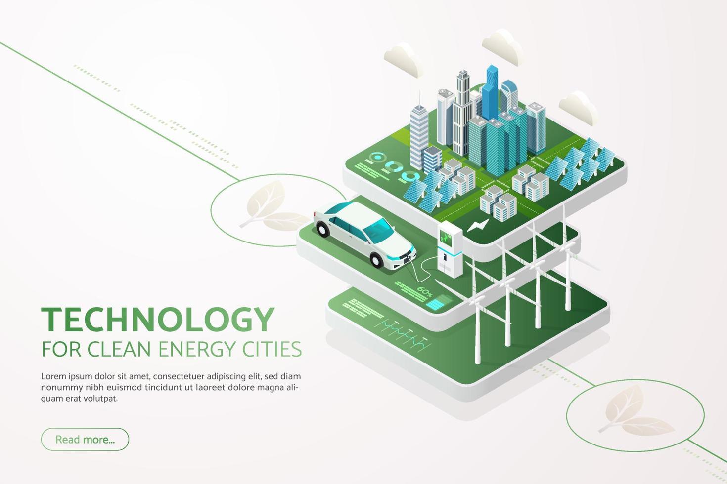 Green city generates electricity with solar panels and wind turbines Clean energy EV car Charge battery vector