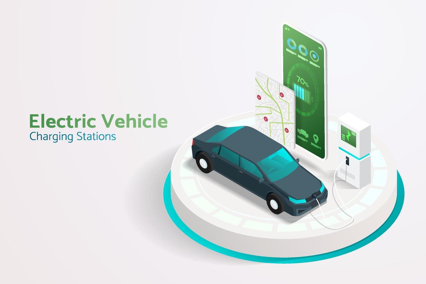 Find a EV charging station, charging car the app via smartphone. vector